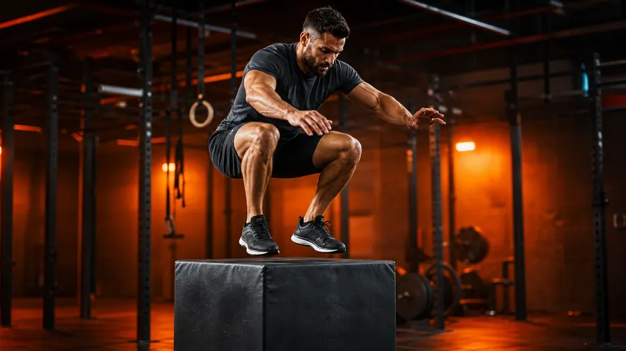 Advanced Fitness Techniques for Men | Train Hard Without Burning Out 3 Male athlete performing plyometric power training in a warm orange gym