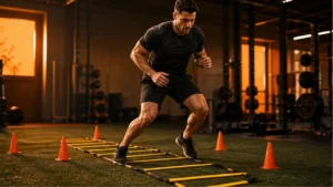 Man doing agility ladder drills on turf in a warm-orange training gym