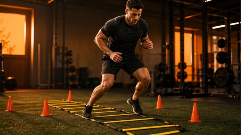 Man doing agility ladder drills on turf in a warm-orange training gym