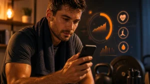 Man using an AI fitness coaching app after a warm-orange home workout