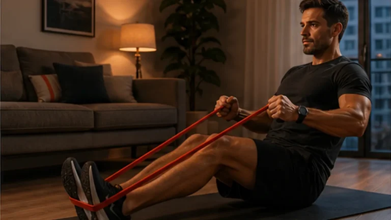 Man doing a quiet resistance band workout on a mat in a small apartment