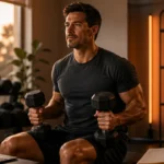 Man starting beginner fitness training with dumbbells and a simple workout plan