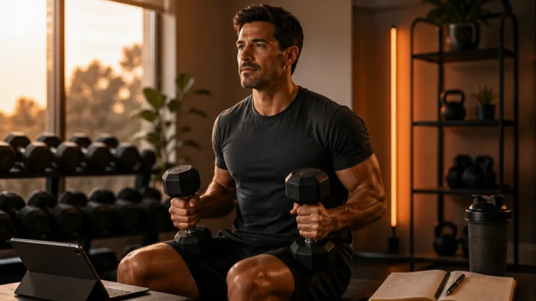 Beginner Fitness for Men | Build Strength That Lasts 1 Man starting beginner fitness training with dumbbells and a simple workout plan