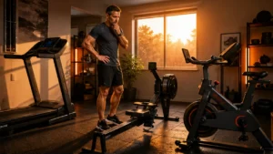 Man choosing between treadmill rowing machine and exercise bike in a home gym