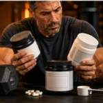 Man comparing creatine supplement tubs beside dumbbells and shaker bottle