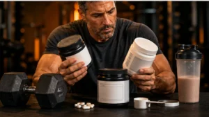 Man comparing creatine supplement tubs beside dumbbells and shaker bottle