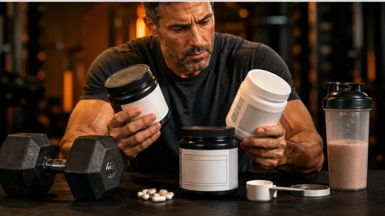 Best Creatine Supplements for Men | What to Buy and Skip 2 Man comparing creatine supplement tubs beside dumbbells and shaker bottle