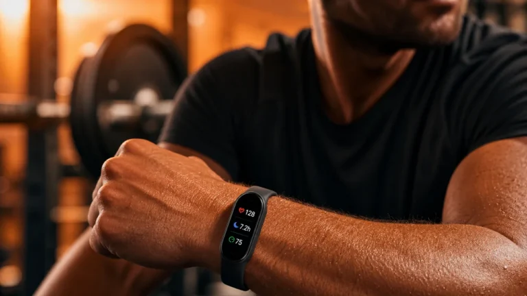 Fitness tracker on a man's wrist during strength training in a warm-orange gym