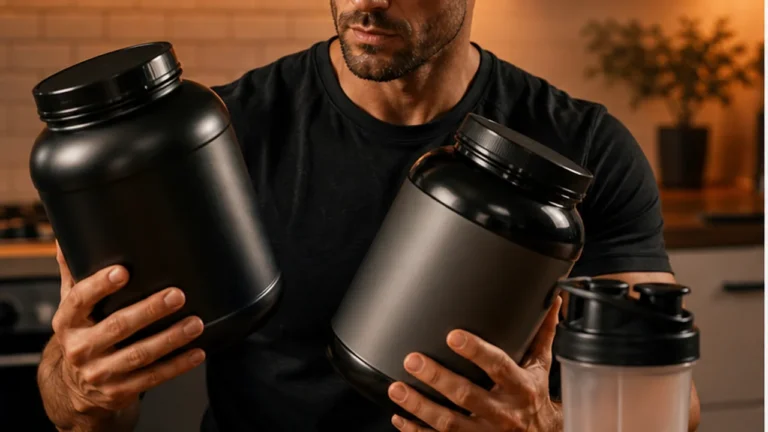 Best Protein Powders for Men | What to Buy and What to Skip 4 Man comparing unbranded protein powders with shaker and meal prep