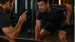 Man correcting a common dumbbell row mistake while checking form in a mirror