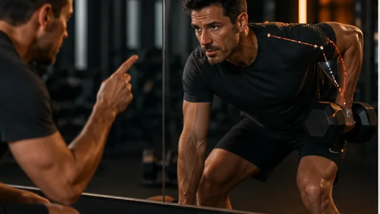 Man correcting a common dumbbell row mistake while checking form in a mirror