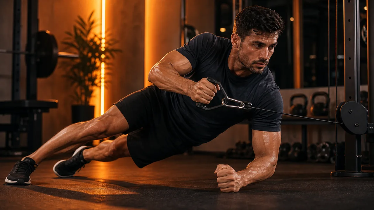 Core workout for men with controlled plank and rotational strength training