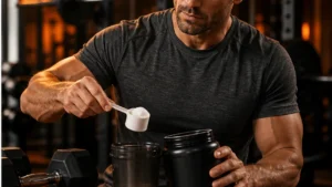 Man measuring creatine powder into a shaker beside dumbbells and a training log