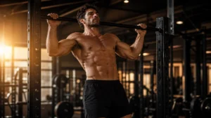 Fit man doing a controlled pull-up in a warm gym for calisthenics and testosterone article