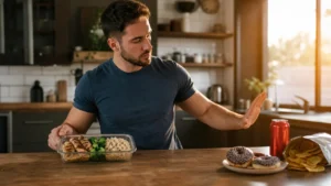 Man choosing protein-rich meal prep over sugary snacks in a modern kitchen