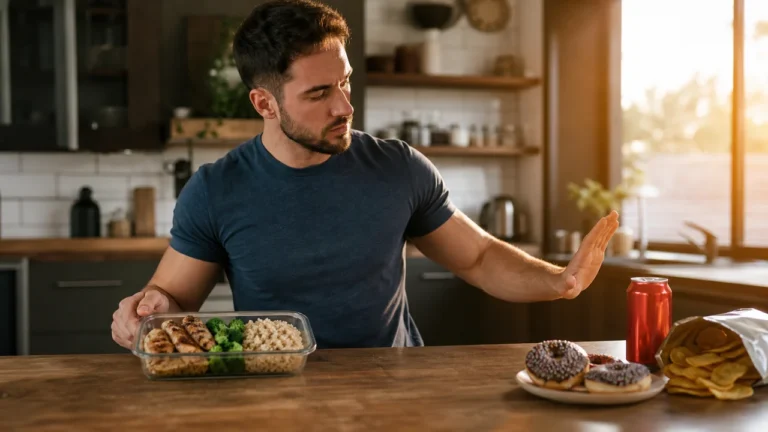 Man choosing protein-rich meal prep over sugary snacks in a modern kitchen