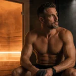 Fit man recovering beside a warm dry sauna after training for a PrimeForMen article about sauna and testosterone