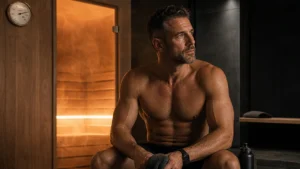 Fit man recovering beside a warm dry sauna after training for a PrimeForMen article about sauna and testosterone