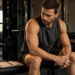 Athletic man after a gym session with a vape set aside beside a protein shaker and training log