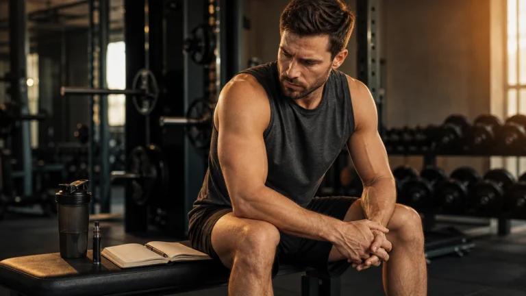 Athletic man after a gym session with a vape set aside beside a protein shaker and training log