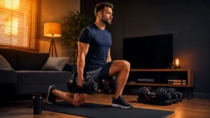 Man training at home with adjustable dumbbells for a dumbbell-only home workout plan