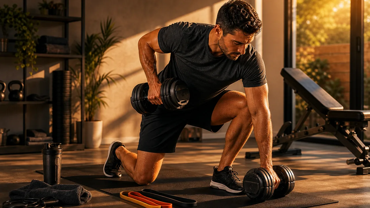 Home workout routine setup with dumbbells resistance bands and exercise mat
