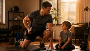 Father training safely at home with a child nearby in a warm-orange home gym