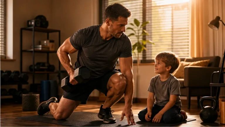 Father training safely at home with a child nearby in a warm-orange home gym