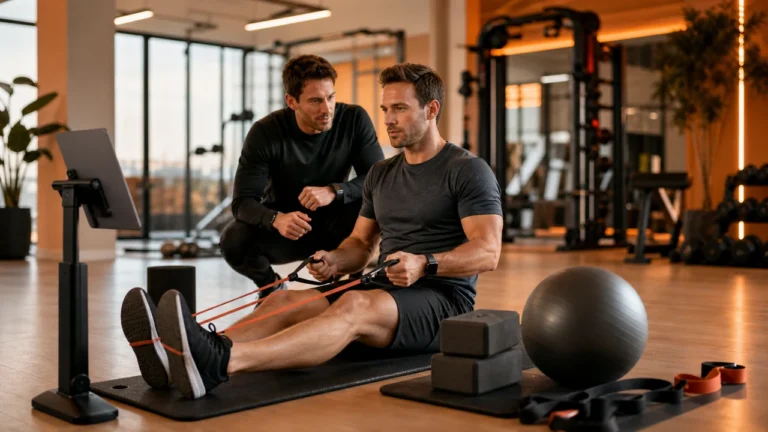 Adaptive Fitness Technology | Smarter Tools for Every Ability 6 Man using adaptive fitness technology with coach, tablet, resistance bands, yoga blocks, stability ball, and wearable feedback in a warm gym