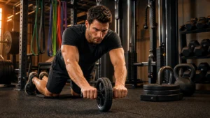 Athletic man doing advanced core training with ab wheel, cables, and bands in a warm gym