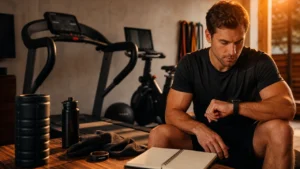 Man reviewing cardio recovery data after training