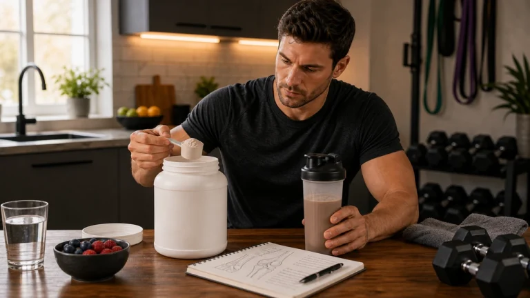 Man comparing collagen powder, protein shaker, joint-care notes, and workout log