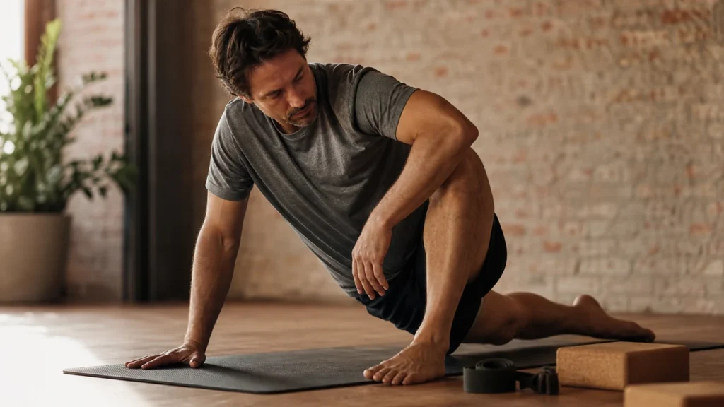 Man doing controlled core mobility work on a mat with yoga blocks and stretching strap in warm studio light