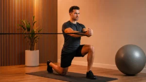 Man training core stability with resistance band, mat, and stability ball in warm clean studio light