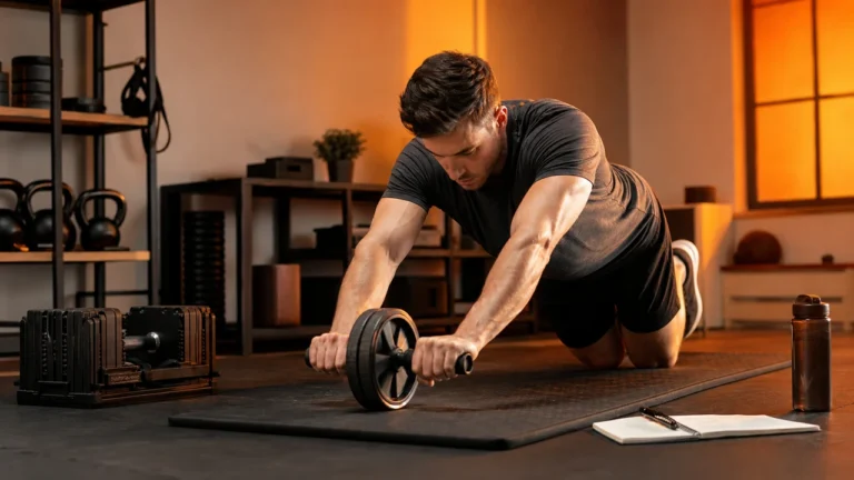 Core Strengthening Exercises | Build a Stronger Midsection Safely 4 Man training core strength with mat, ab wheel, dumbbell, and workout log in warm studio light