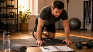 Beginner man setting up a core workout on a mat in a warm home gym