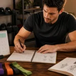 Man planning a core workout program with calendar, workout log, mat, ab wheel, and bands