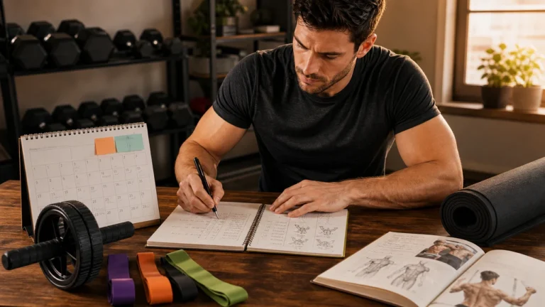 Core Workout Programs | How to Choose and Progress the Right Plan 3 Man planning a core workout program with calendar, workout log, mat, ab wheel, and bands