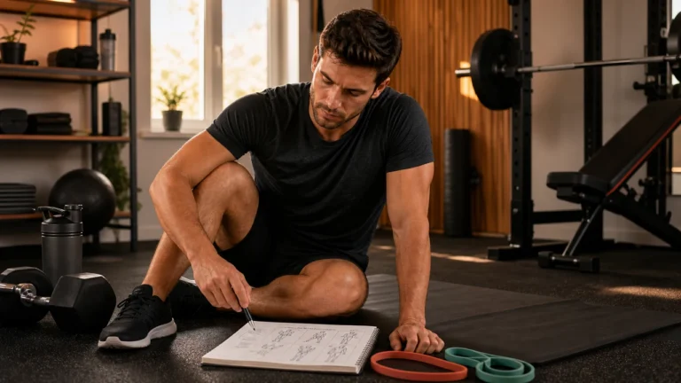 Fit man reviewing a men's core training plan with mat, dumbbell, band, and gym setup