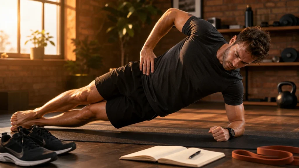 Male runner doing side plank core stability work beside running shoes, training journal, and resistance band