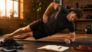 Male runner doing side plank core stability work beside running shoes, training journal, and resistance band