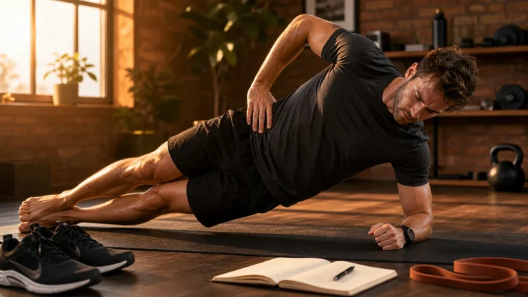 Core Workouts for Runners | Stability, Stride Control, and Stronger Miles 11 Male runner doing side plank core stability work beside running shoes, training journal, and resistance band