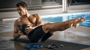 Male swimmer doing dryland core training beside a pool with swim goggles and resistance band nearby