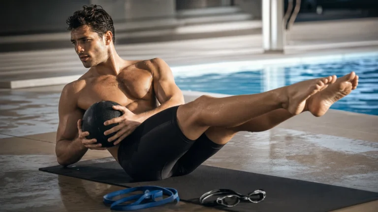 Core Workouts for Swimmers | Rotation, Streamline, and Dryland Strength 12 Male swimmer doing dryland core training beside a pool with swim goggles and resistance band nearby
