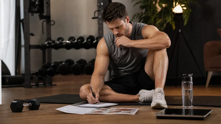 Man planning a core workout for weight loss with mat, dumbbell, water bottle, scale, and nutrition notes