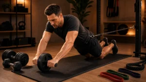 Man setting up core workout equipment in a warm home gym