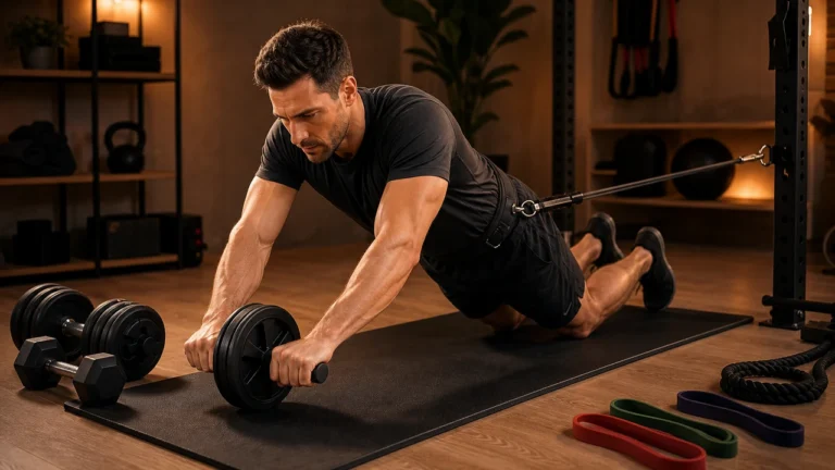 Man setting up core workout equipment in a warm home gym