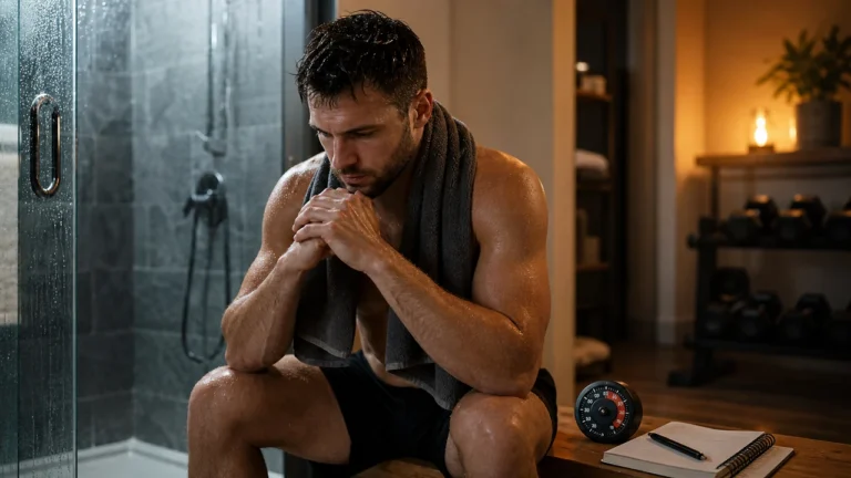 Athletic man after cold shower reviewing timer and workout log