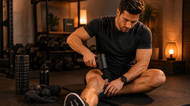 Athletic man using a massage gun for recovery after strength training