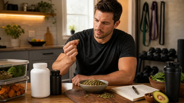 Man evaluating pumpkin seeds, zinc, magnesium, and nutrition notes